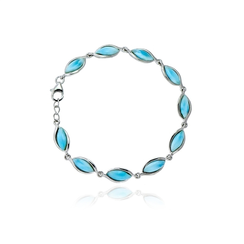 925 Sterling Silver 10 Marquise Larimar Bracelet 7.5" Lobster Lock 10.16 gm
